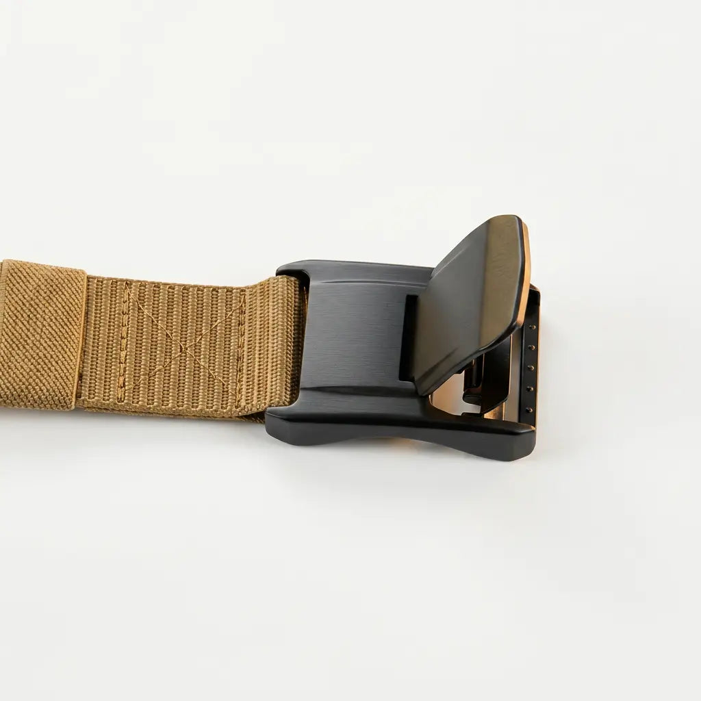 Khaki belt with a black buckle on a light gray background