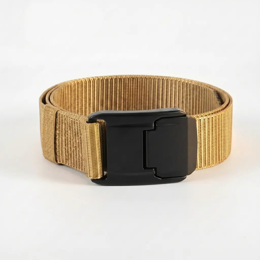 Khaki belt with a black buckle on a light gray background