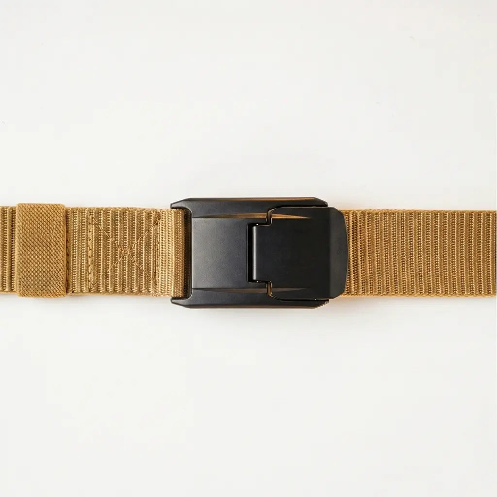 Khaki belt with a black buckle on a light gray background