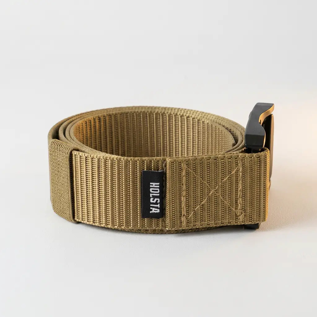 Khaki belt with a black buckle on a light gray background