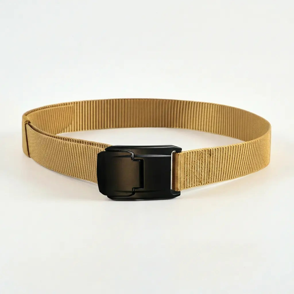 Khaki belt with a black buckle on a white background