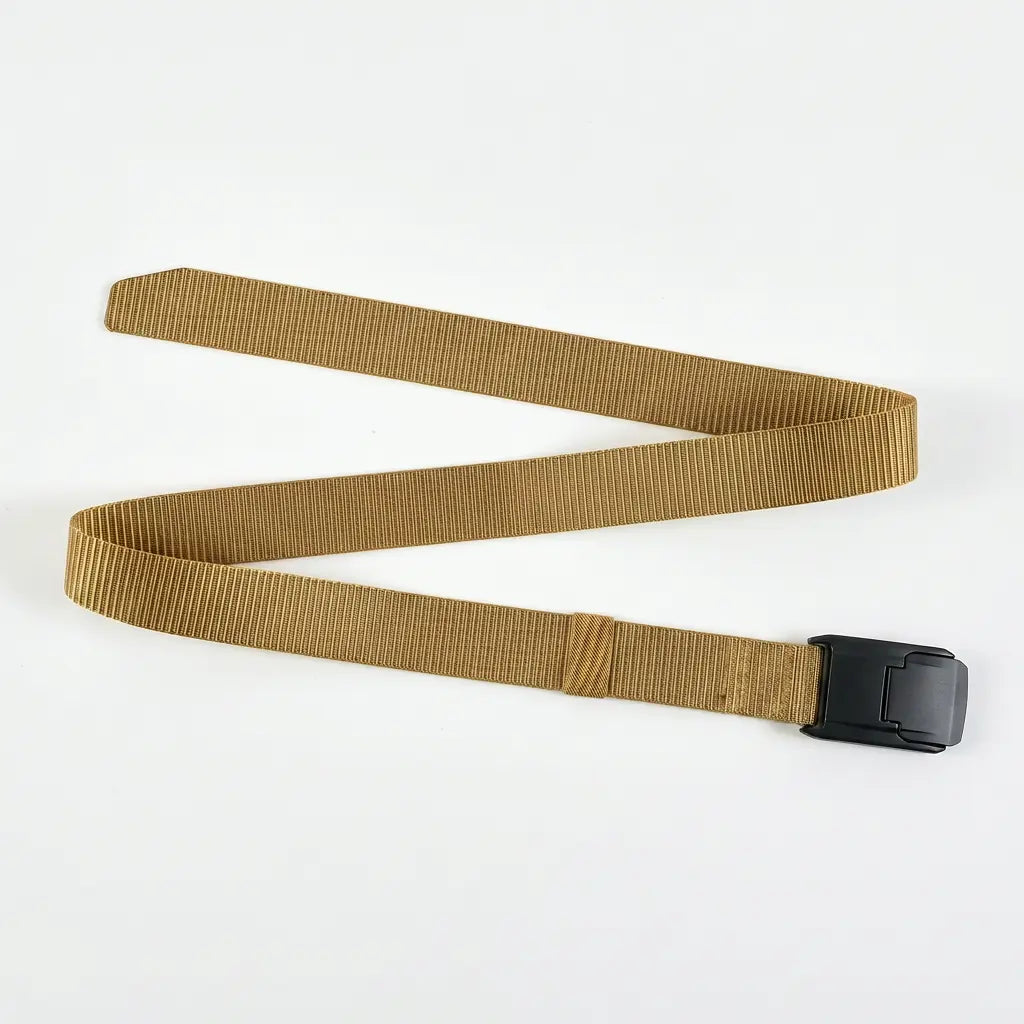 Khaki belt with a black buckle on a white background