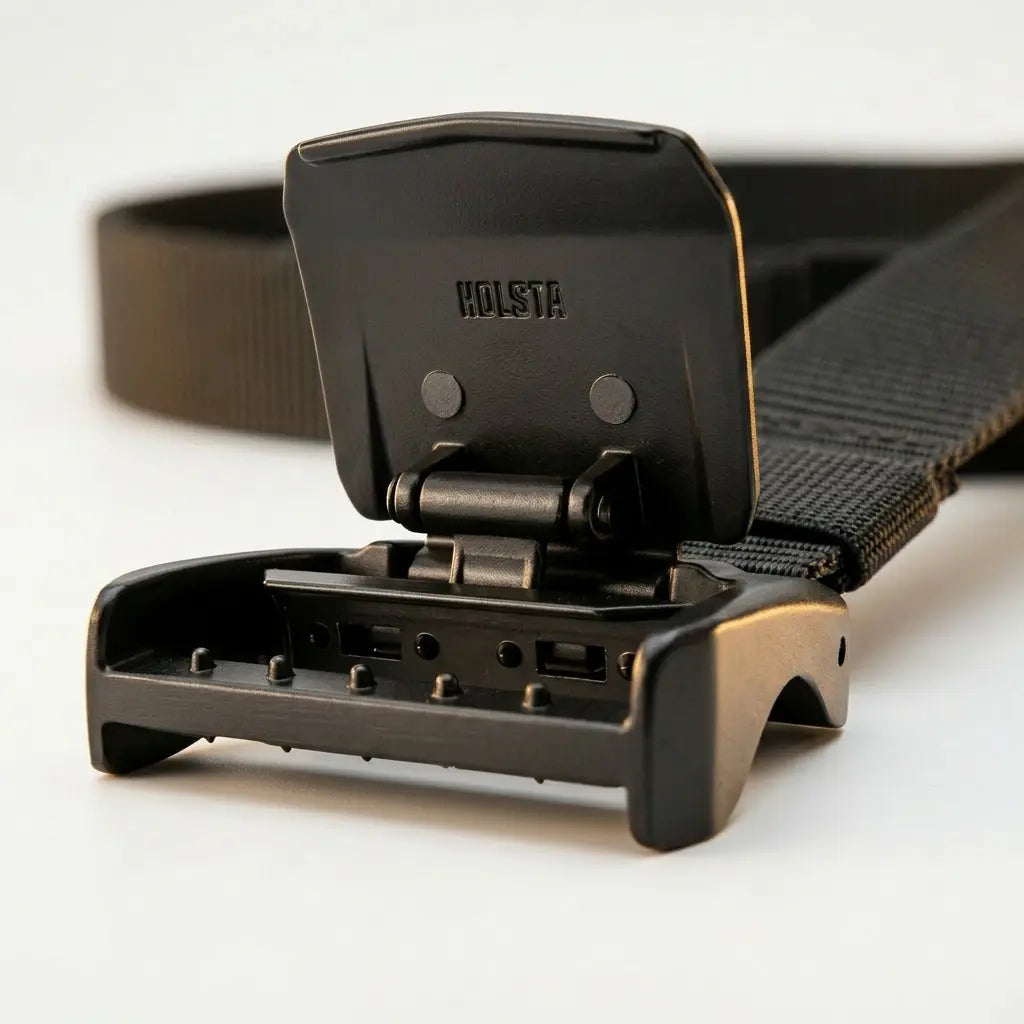 Close-up of a black belt with a black buckle on a white background