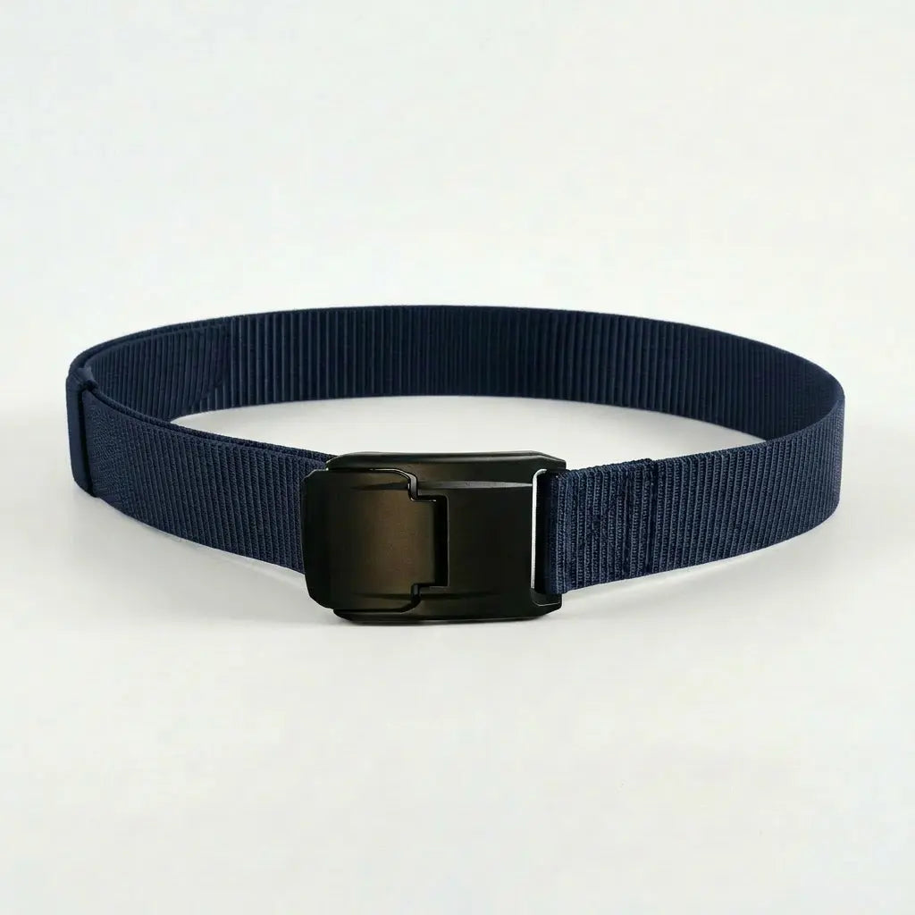 Navy blue belt with a black buckle on a light gray background