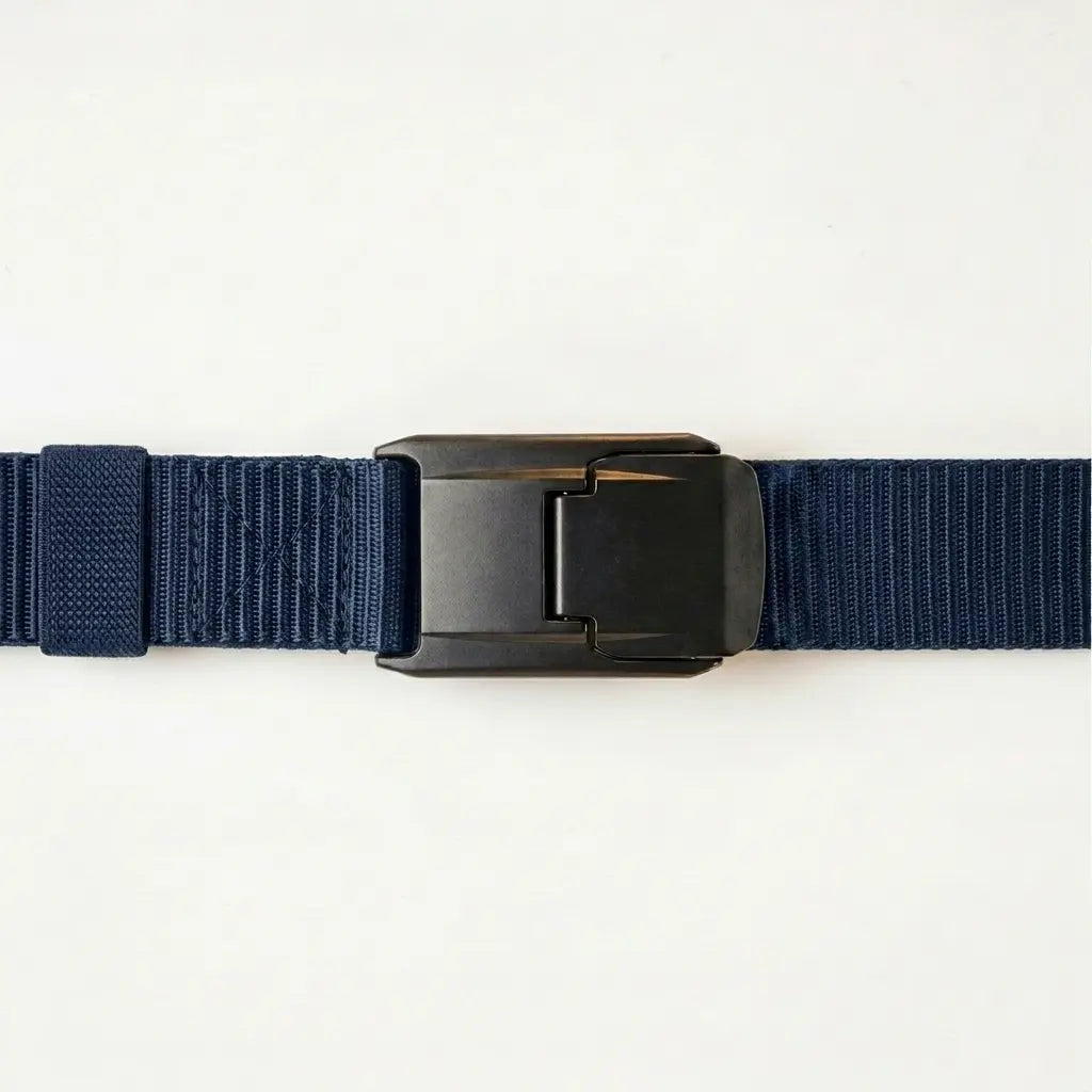 Navy blue belt with a black buckle on a white background