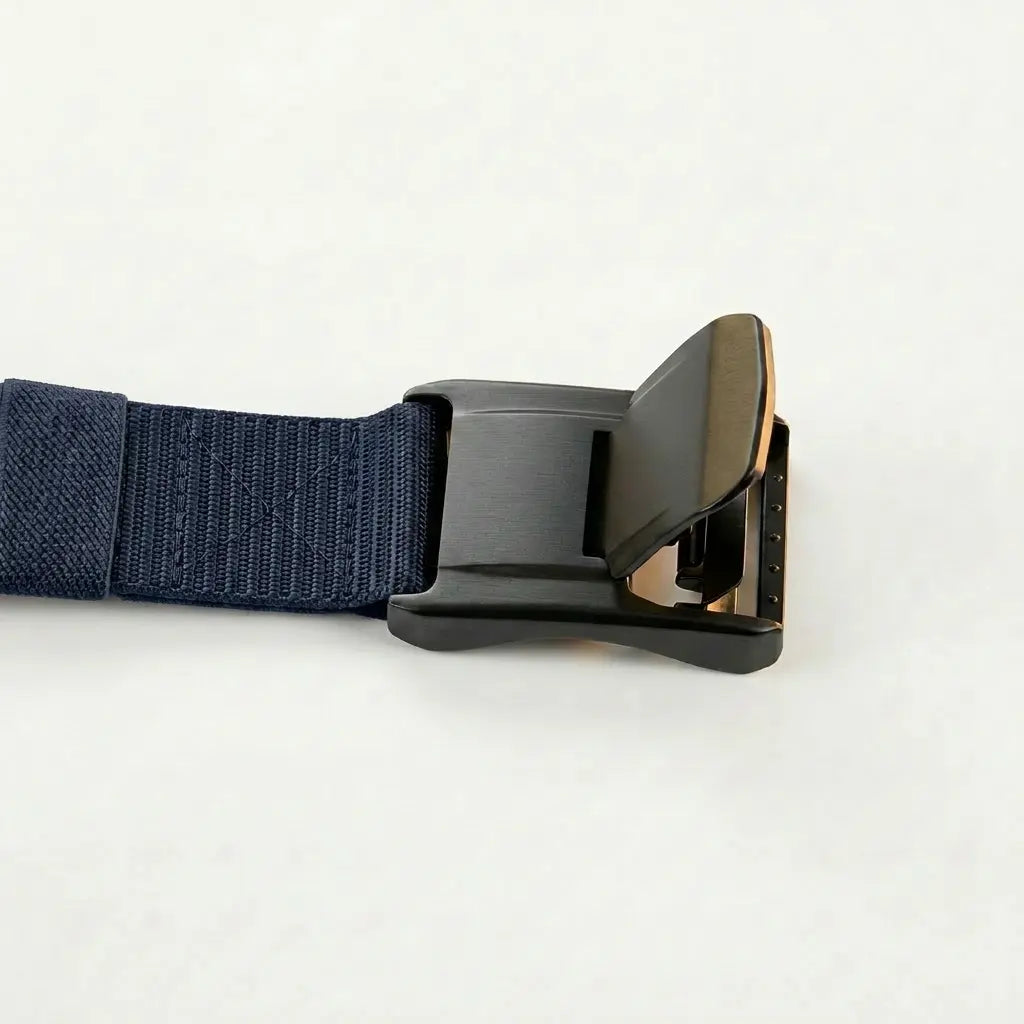 Navy blue belt with a black buckle on a white background