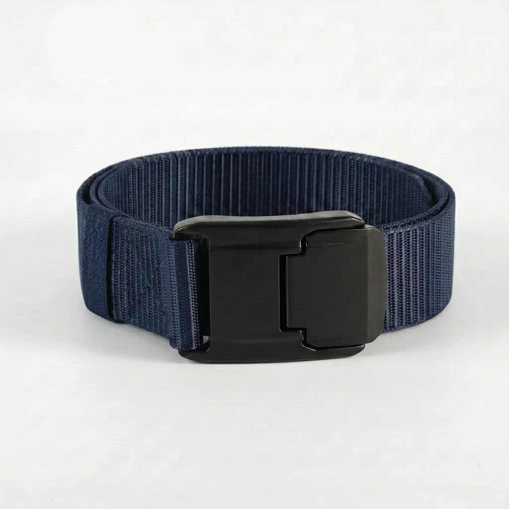 Navy blue belt with a black buckle on a white background
