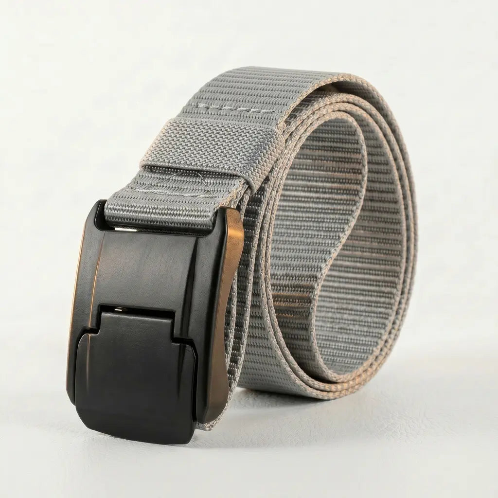 Gray belt with a black buckle on a light gray background
