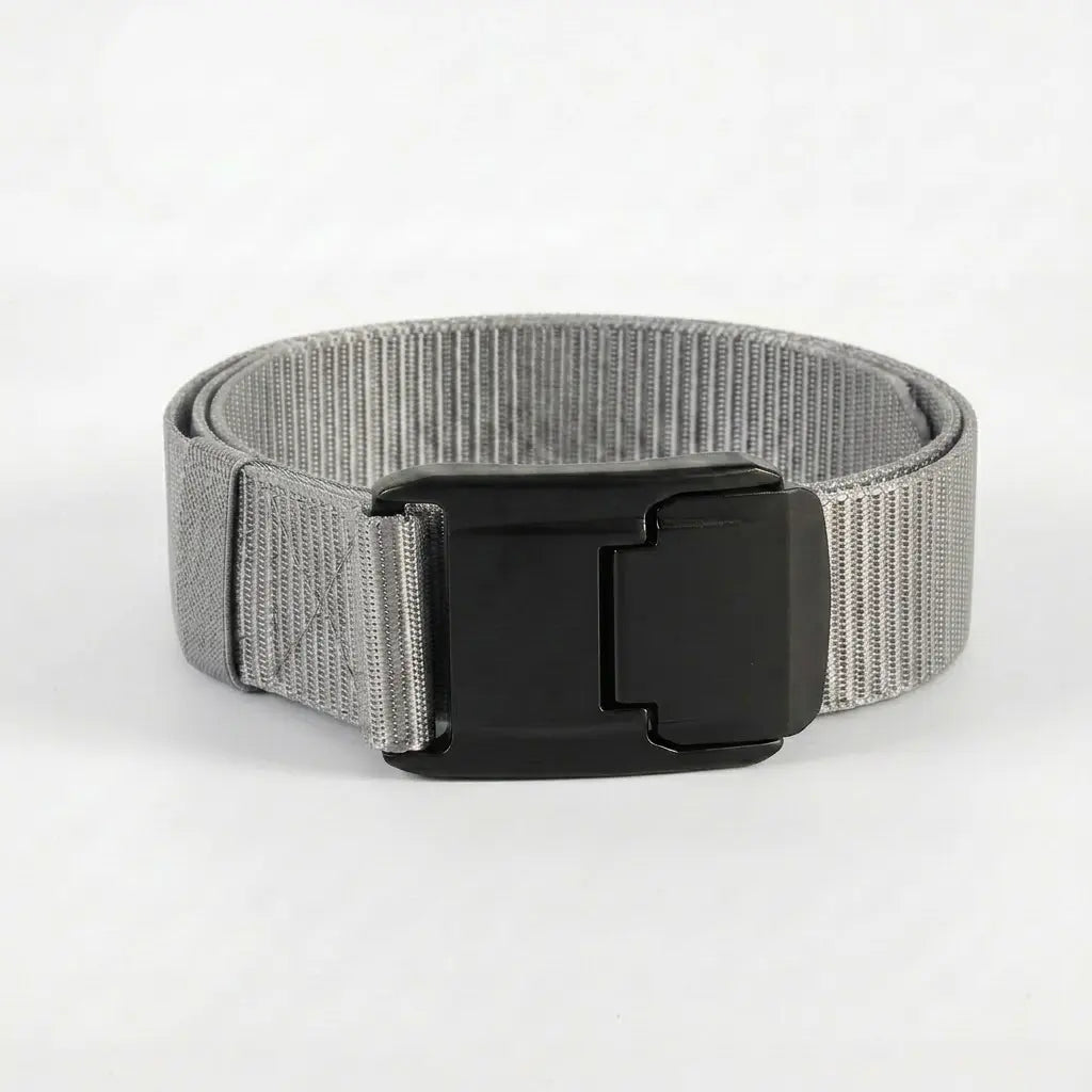 Gray belt with a black buckle on a light gray background