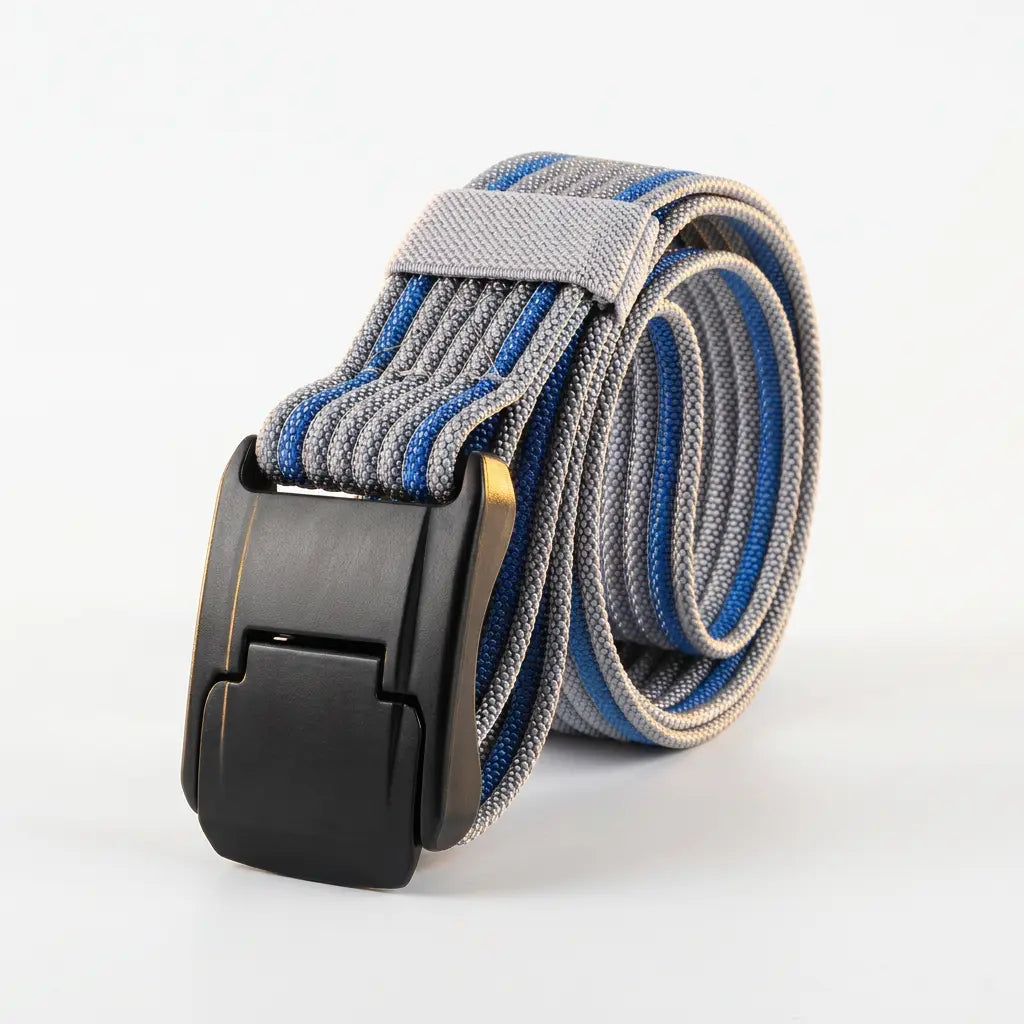 Gray and blue striped belt with a black buckle on a white background