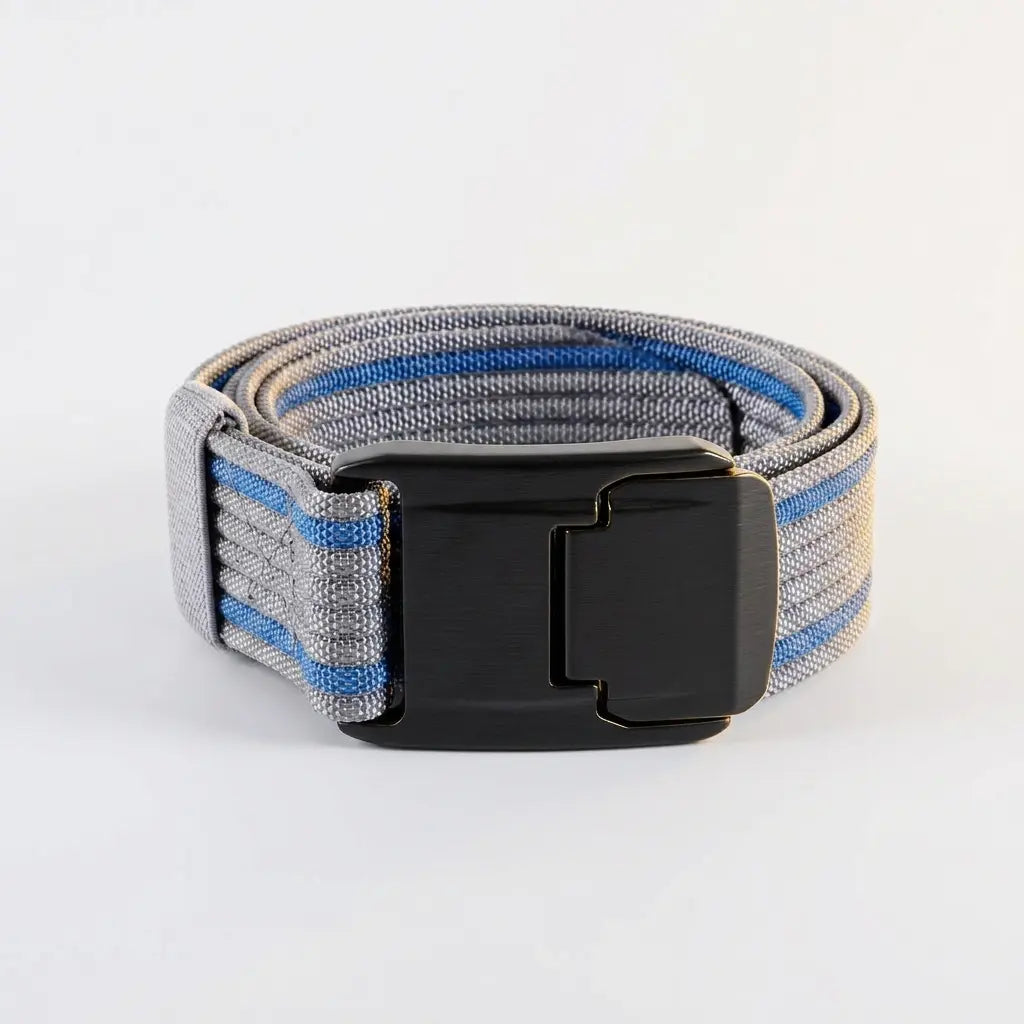 Gray and blue striped belt with a black buckle on a white background