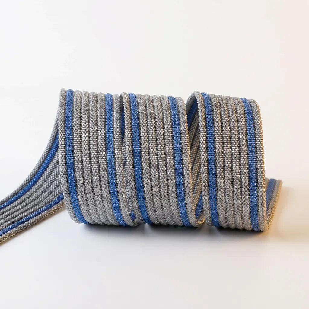 Gray and blue striped webbing on a white background