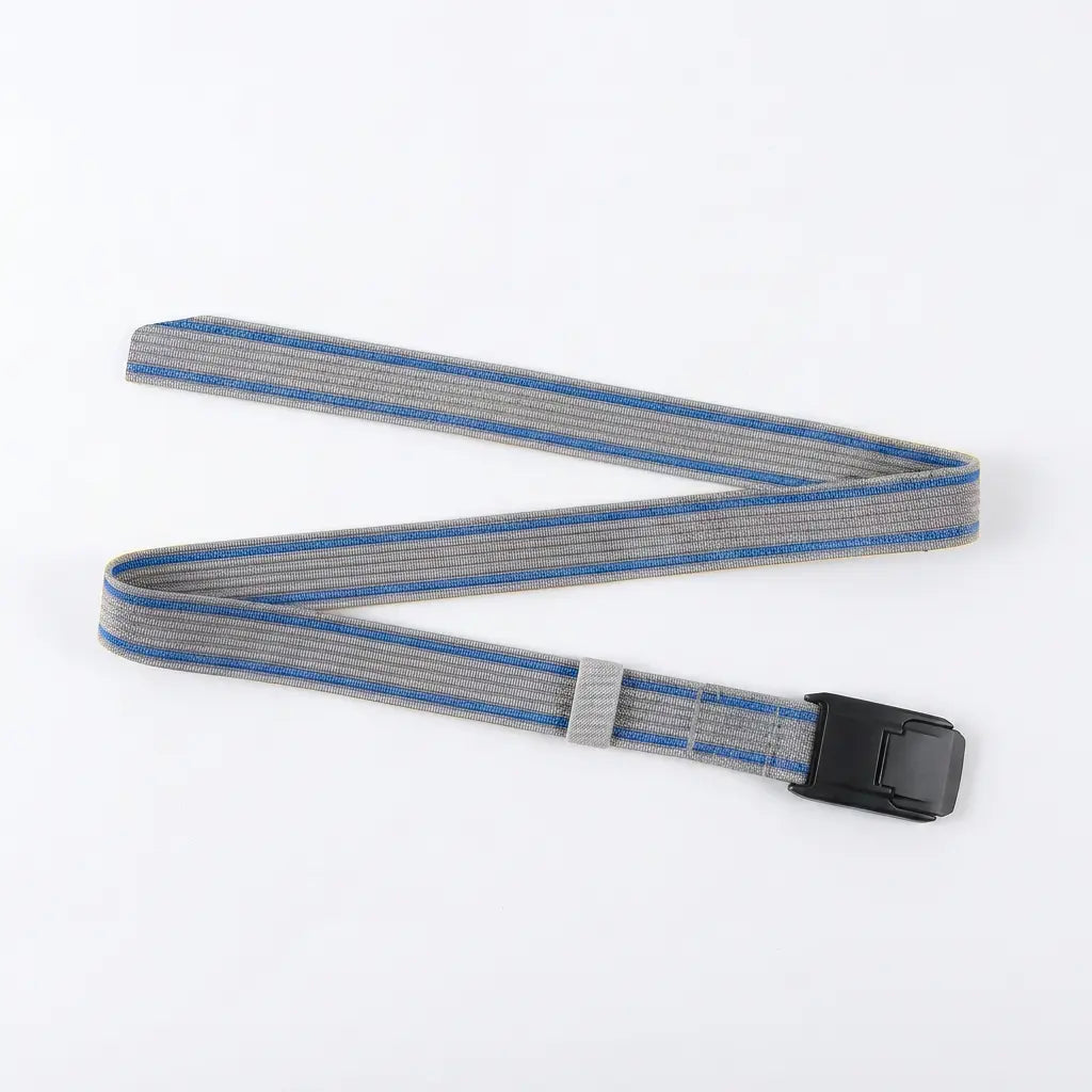 Gray and blue striped belt with a black buckle on a white background