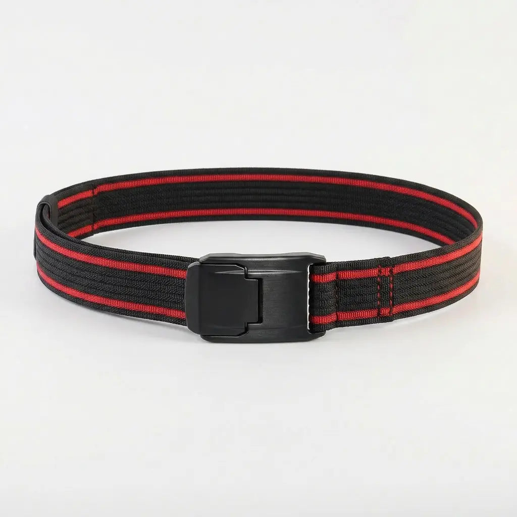 Black belt with red stripes and a black buckle on a white background