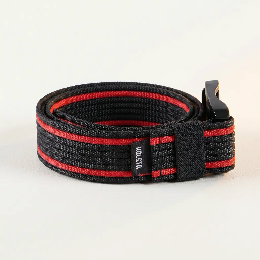 Black belt with red stripes and a visible brand logo on a white background