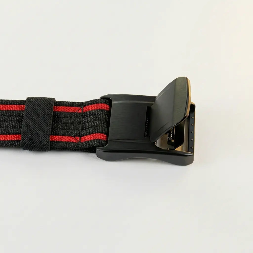 Black belt with red stripes and a black buckle on a light gray background