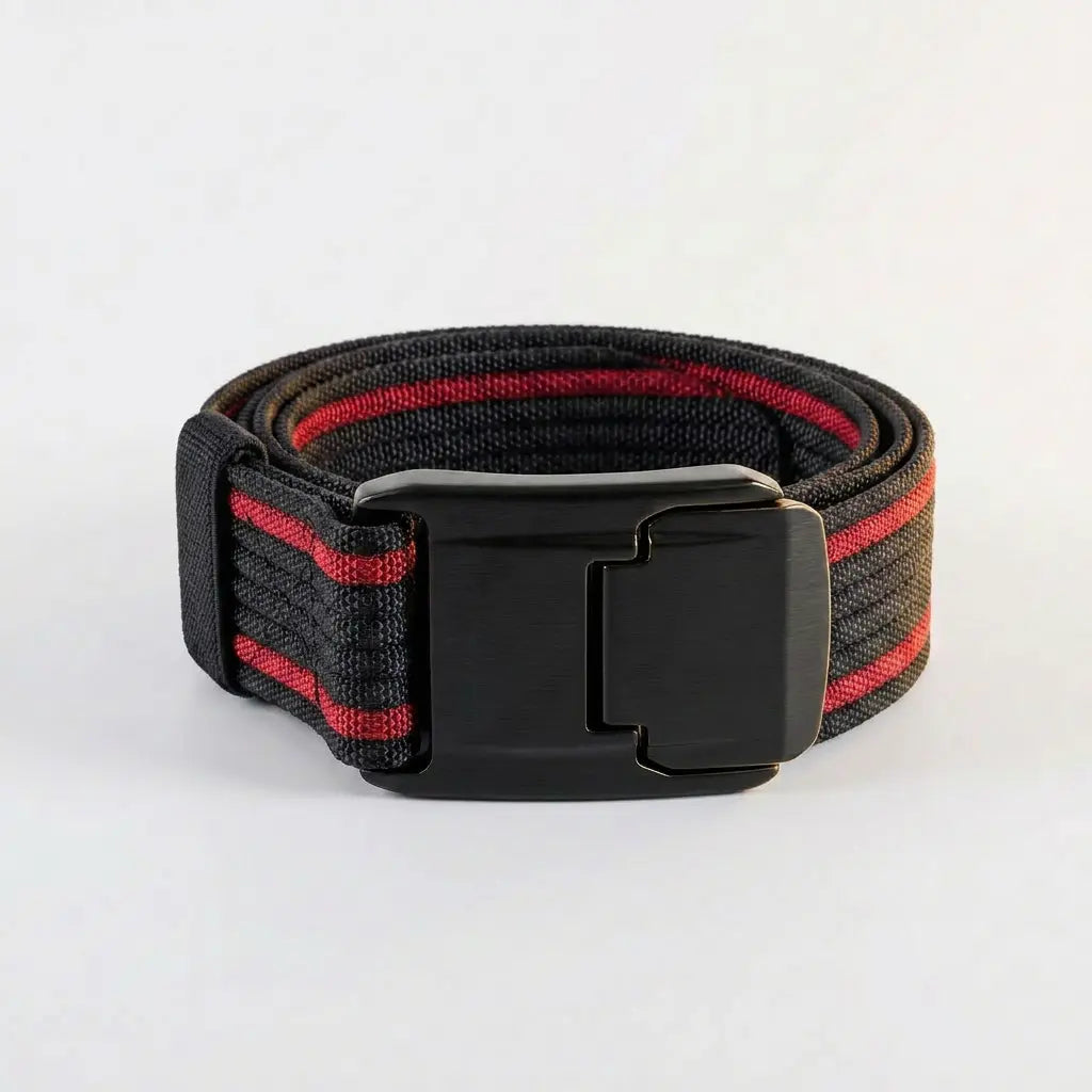 Black and red striped belt with a black buckle on a white background