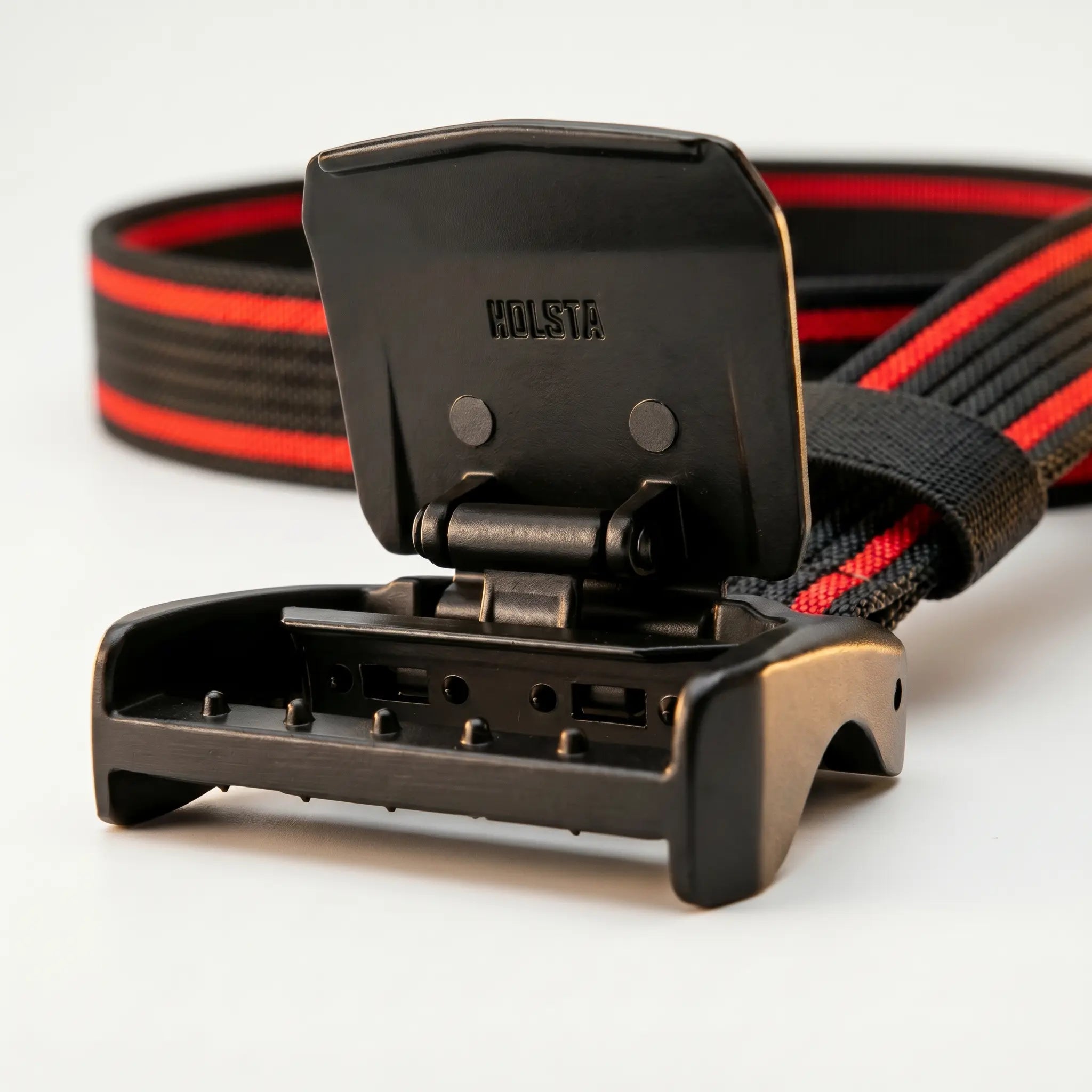 Black and red belt with a visible brand logo on a white background