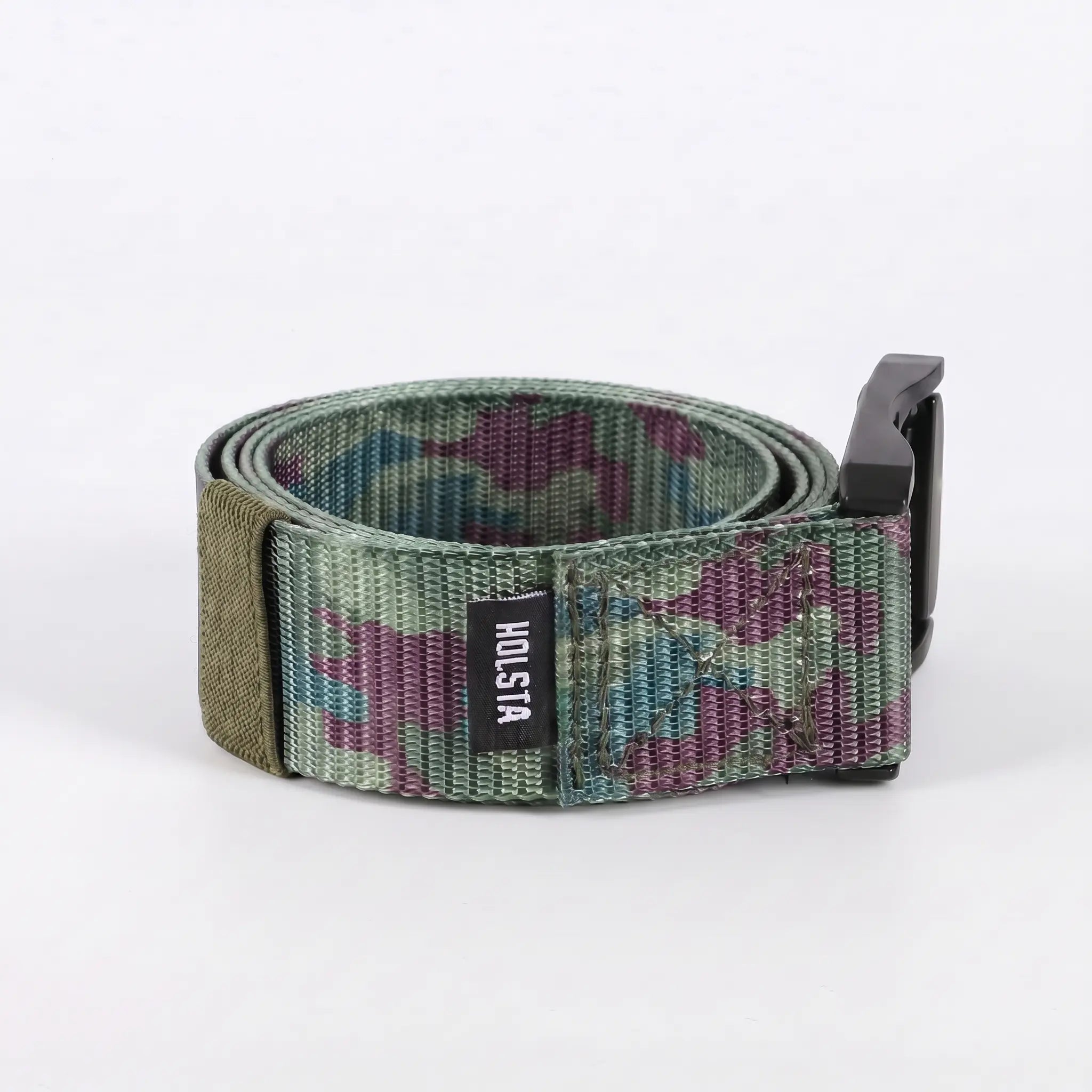 Camouflage belt with a black buckle on a white background