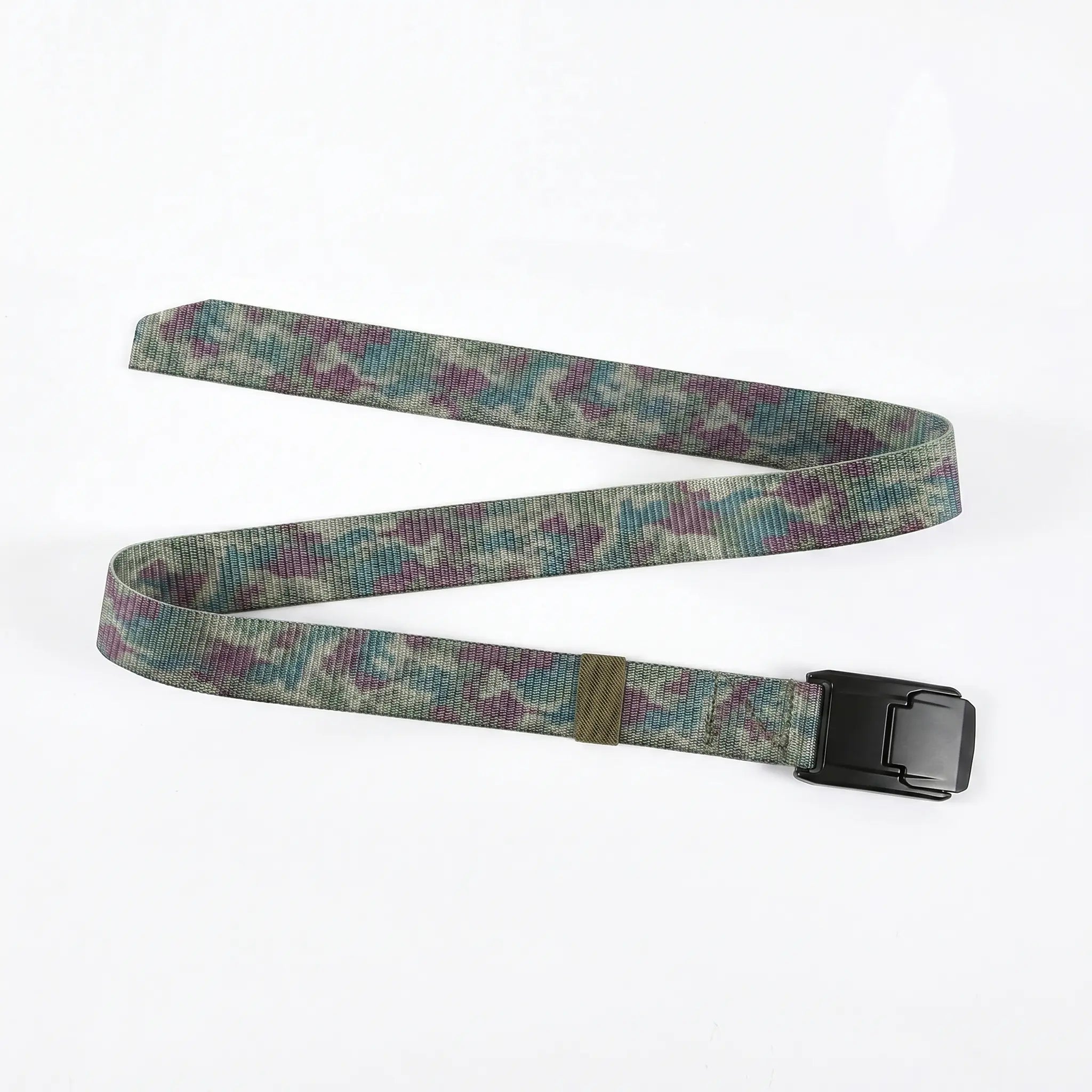 Camouflage belt with a black buckle on a white background