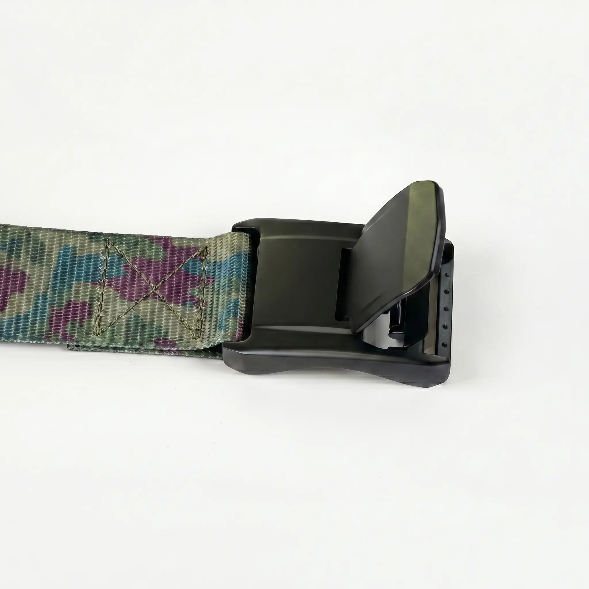 Camouflage belt with a black buckle on a white background