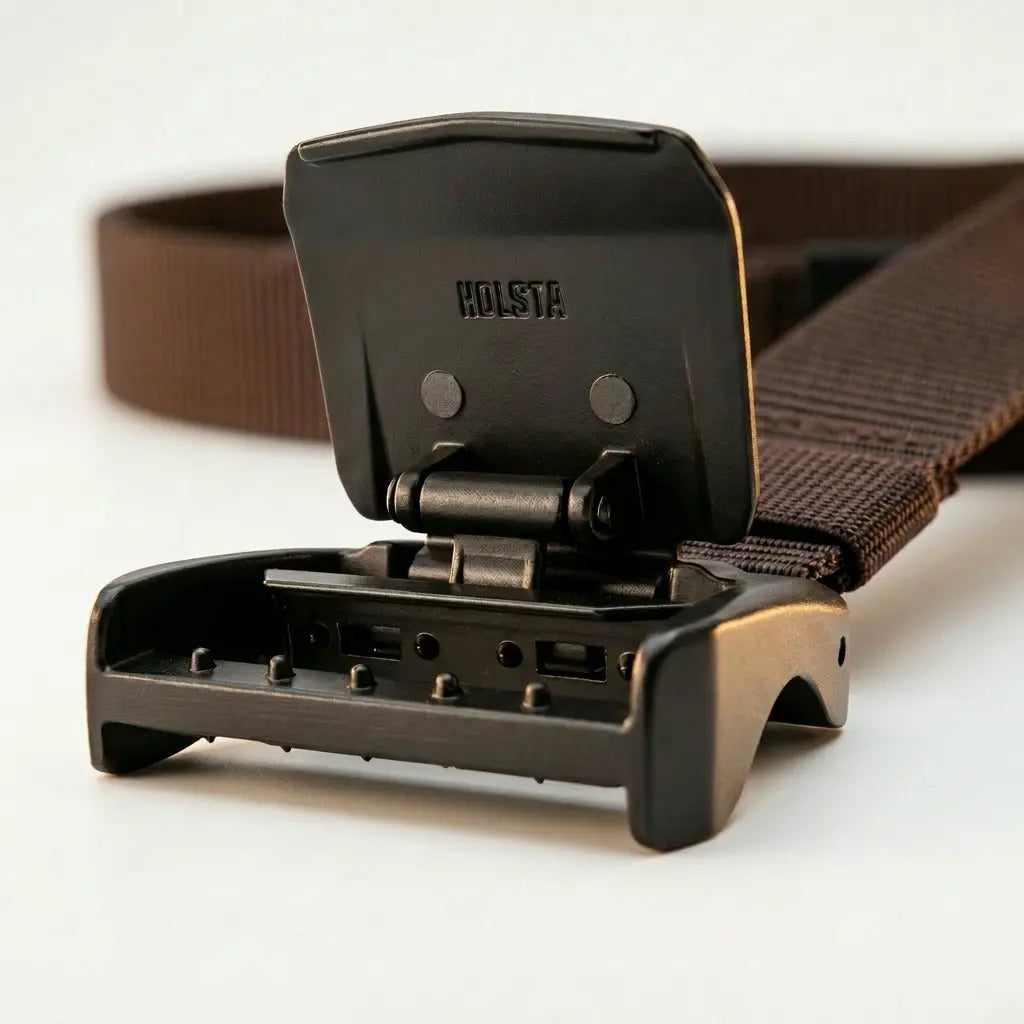Dark brown belt with a metallic buckle on a light gray background