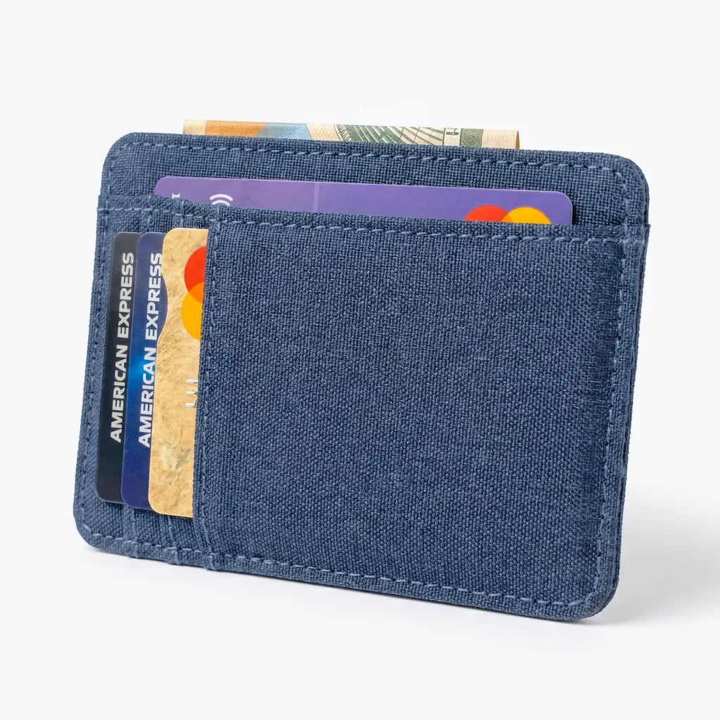 Blue cardholder with various cards on a white background