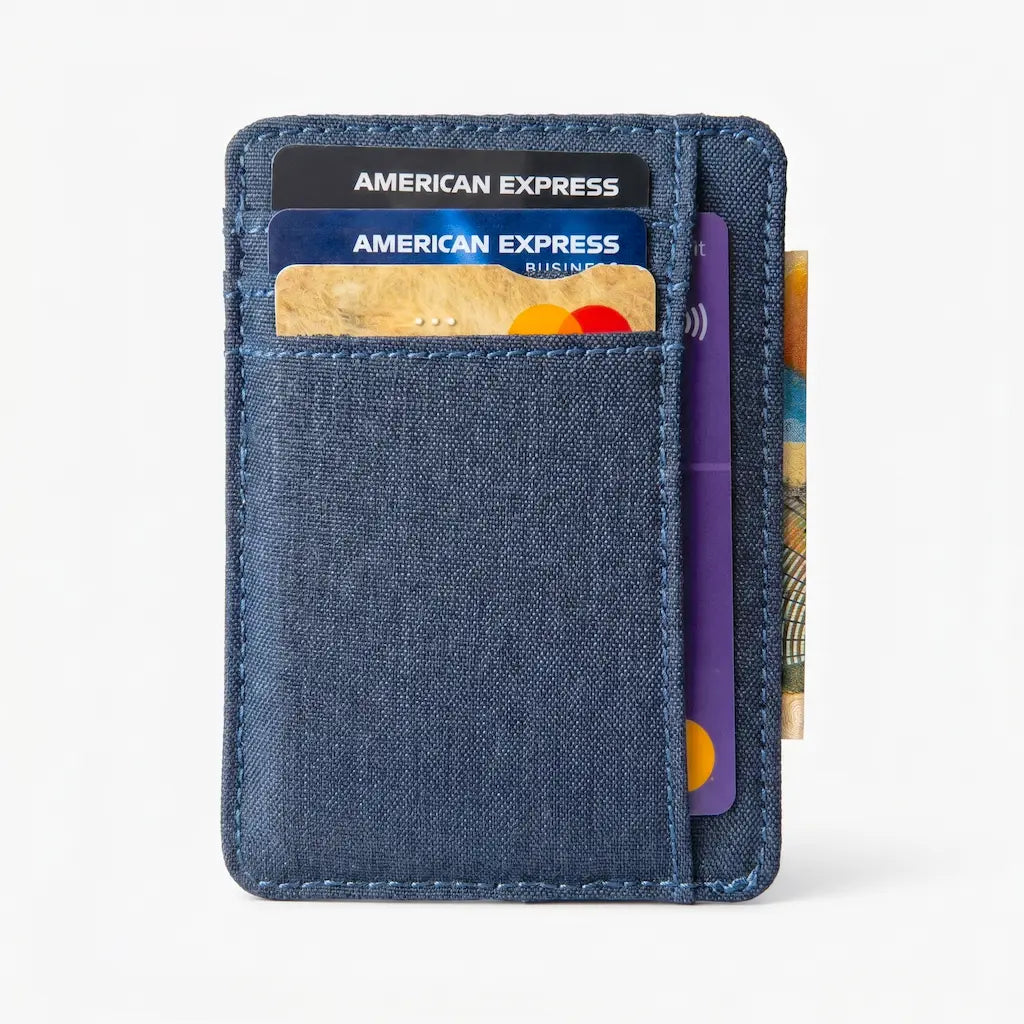 Blue cardholder with cards on a white background