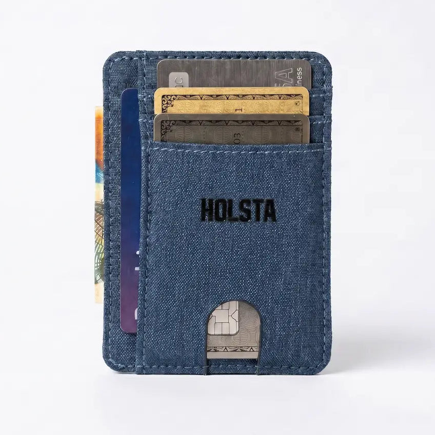 Blue cardholder with 'HOLSTA' branding on a white background