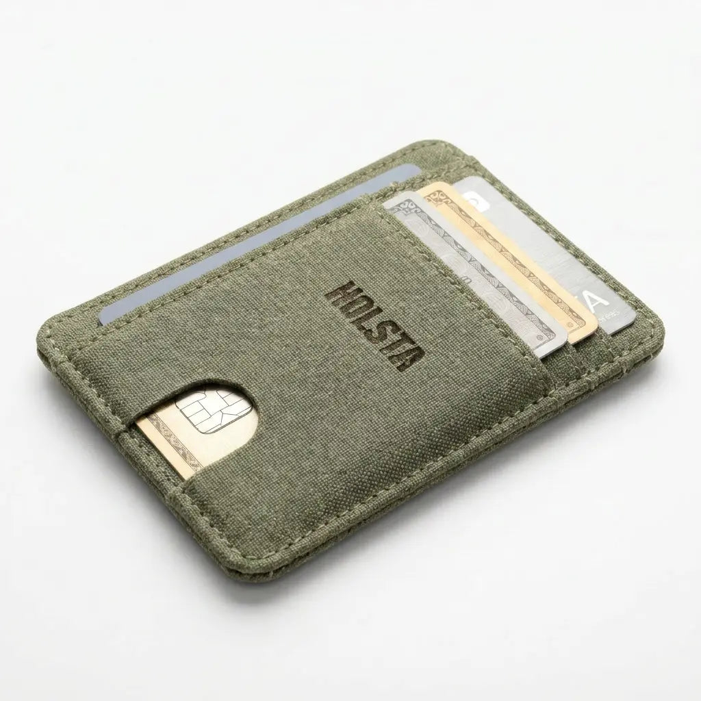 Green cardholder with cards on a white background
