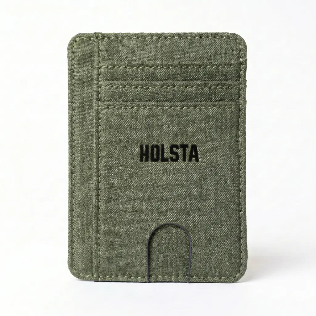 Green cardholder with 'HOLSTA' branding on a white background