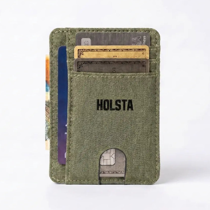 Green cardholder with 'HOLSTA' branding on a white background
