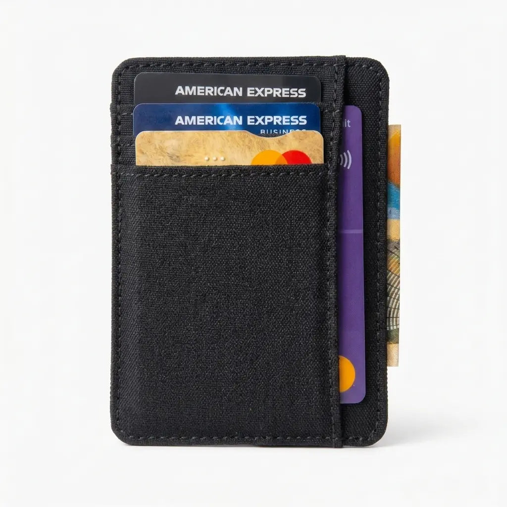 Black cardholder with cards on a white background