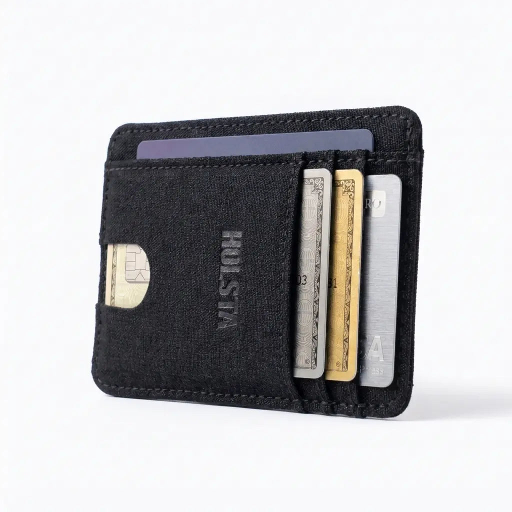 Black cardholder with cards on a white background