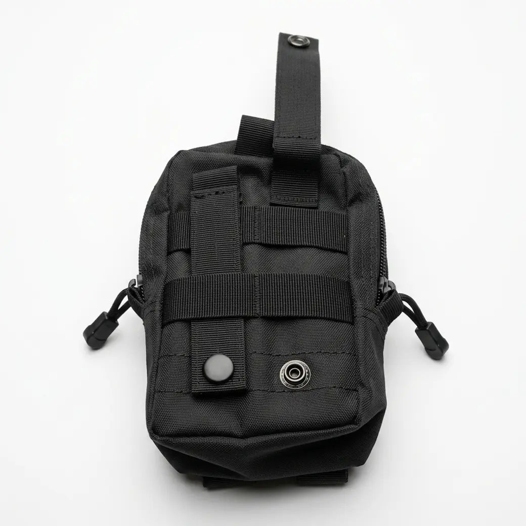 A black tactical utility pouch with MOLLE webbing, a top carry loop, and a front snap button closure, shown on a plain white background.