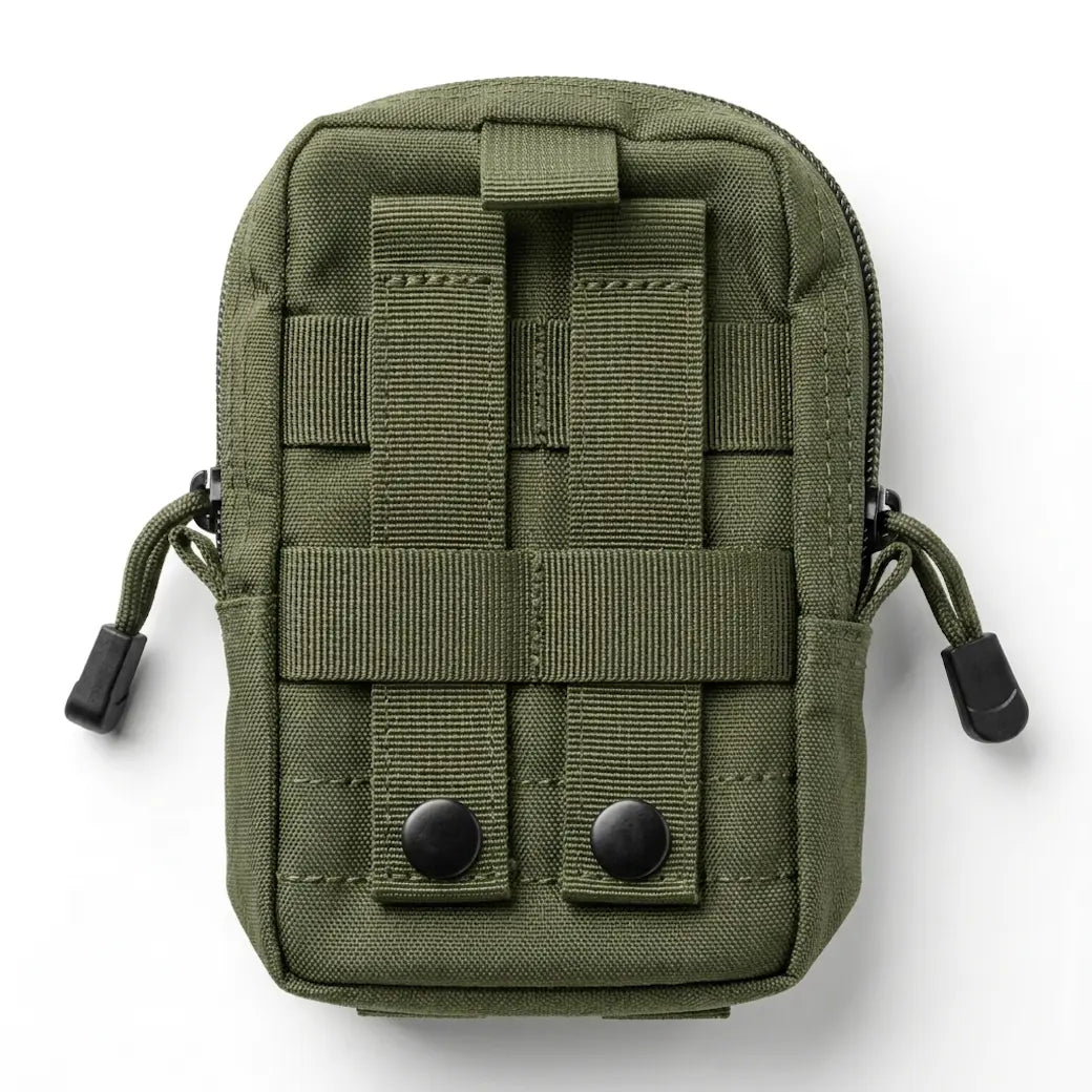 An olive green tactical pouch with MOLLE webbing, two front snap buttons, and side zipper pulls, shown on a plain white background.