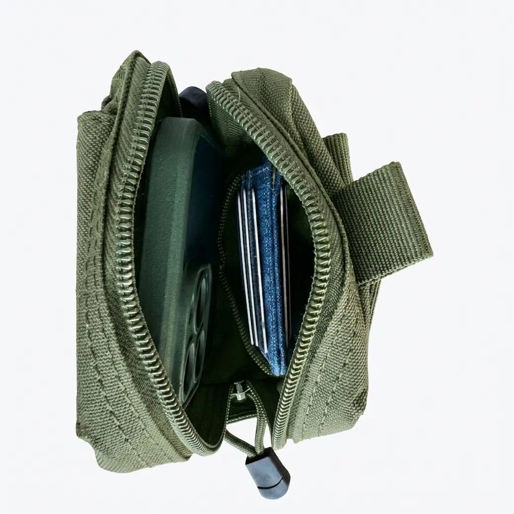 An olive green tactical phone pouch shown open, containing a dark green smartphone and blue credit cards, on a plain white background.