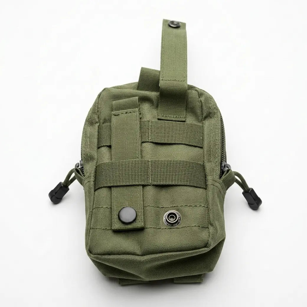 An olive green tactical utility pouch with MOLLE webbing, a top carry loop, and a front snap-button flap, shown on a plain white background.