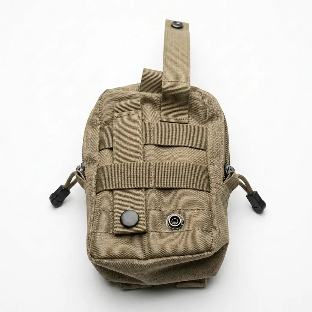 A tactical utility pouch in coyote brown canvas with MOLLE webbing, a top loop, and black plastic snap closures, shown on a plain white background.