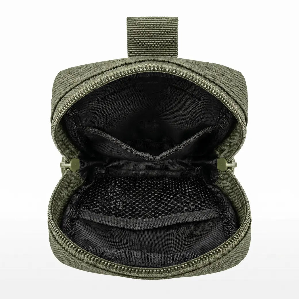 An olive green tactical pouch shown open, displaying its black interior compartments, mesh pocket, and zipper details against a plain white background.