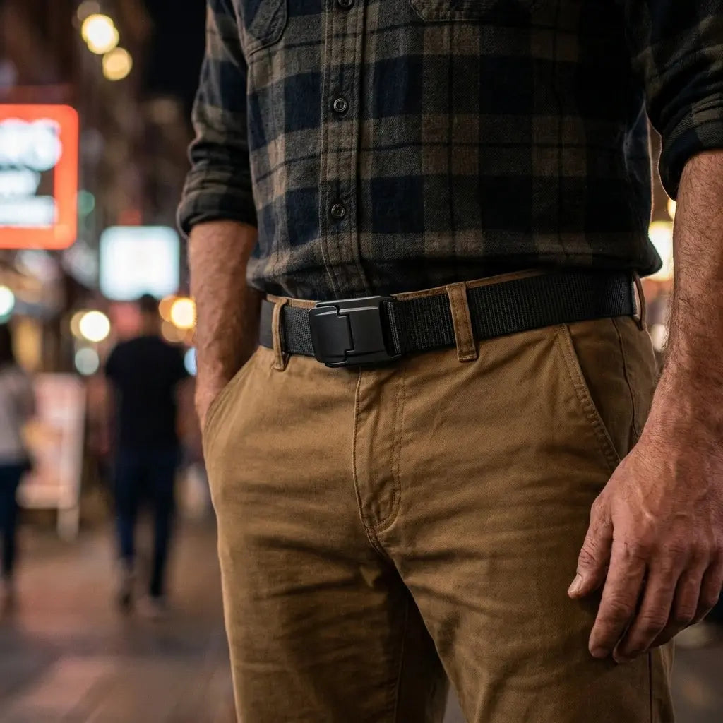 A close-up lifestyle shot of a man wearing a black tactical belt with a matte black buckle, paired with brown pants and a dark plaid shirt, set against a blurred nighttime city street background.