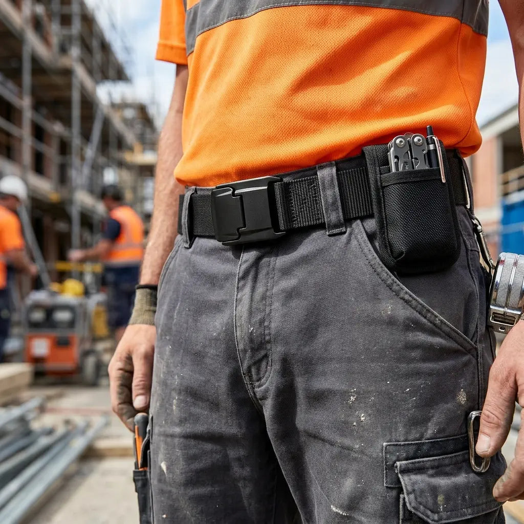 A close-up of a construction worker wearing a black tactical tool belt with a black pouch containing a multi-tool, paired with an orange high-visibility shirt and dark gray work pants on a construction site.