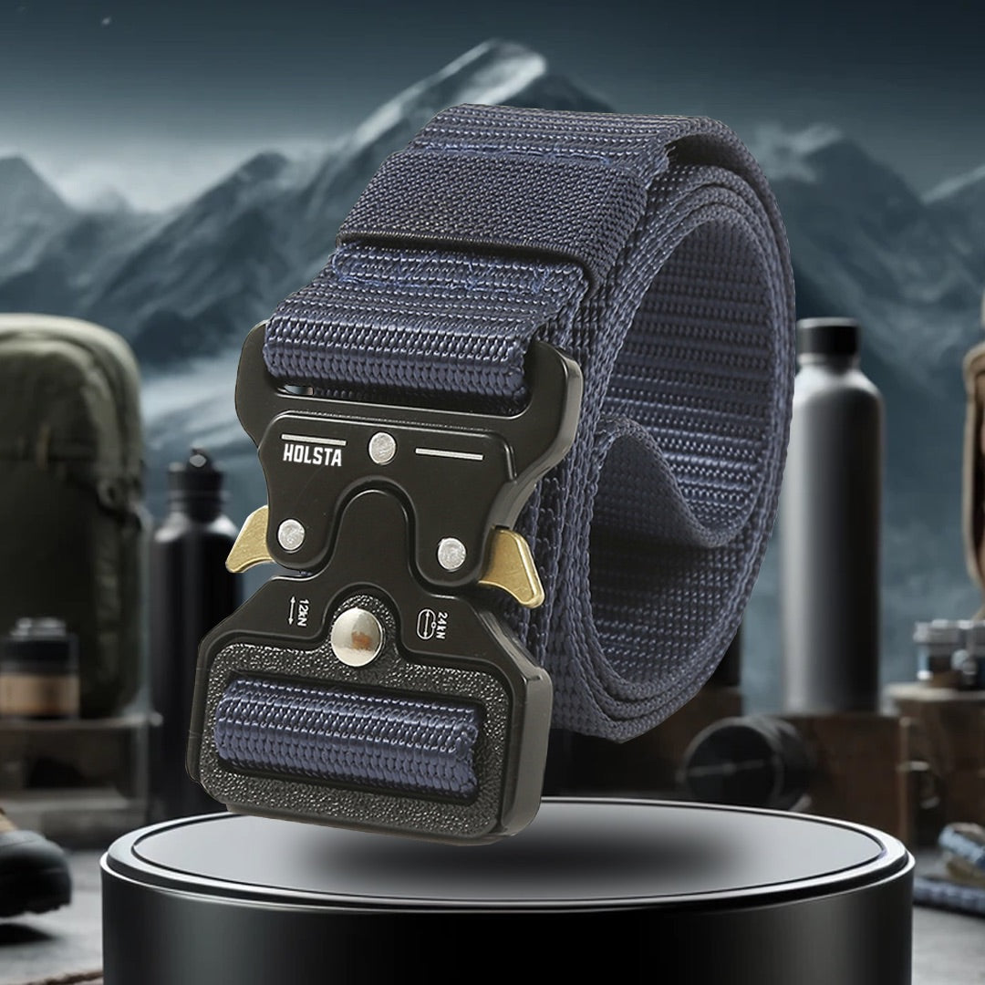 Navy blue belt on pedestal with mountains and camping equipment behind